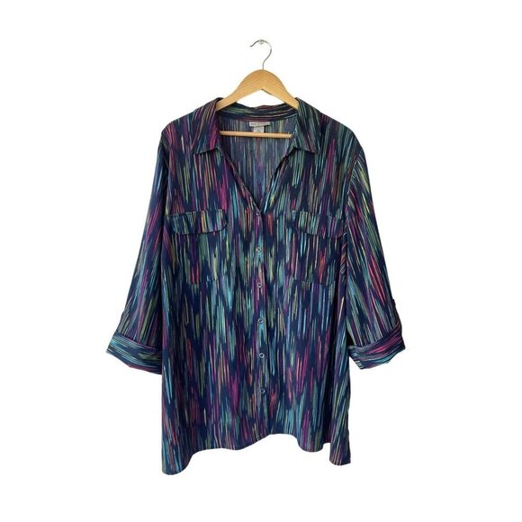 Maggie Barnes for Catherines Plus Size Top 3X Rainbow Stripe Button Art To Wear - Picture 1 of 7